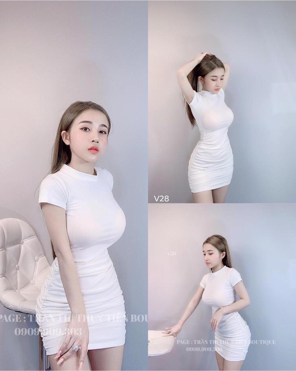Đầm body nữ nhúng dây kéo sau đầm body ôm tay ngắn cổ cao đầm ngắn sexy form 45kg