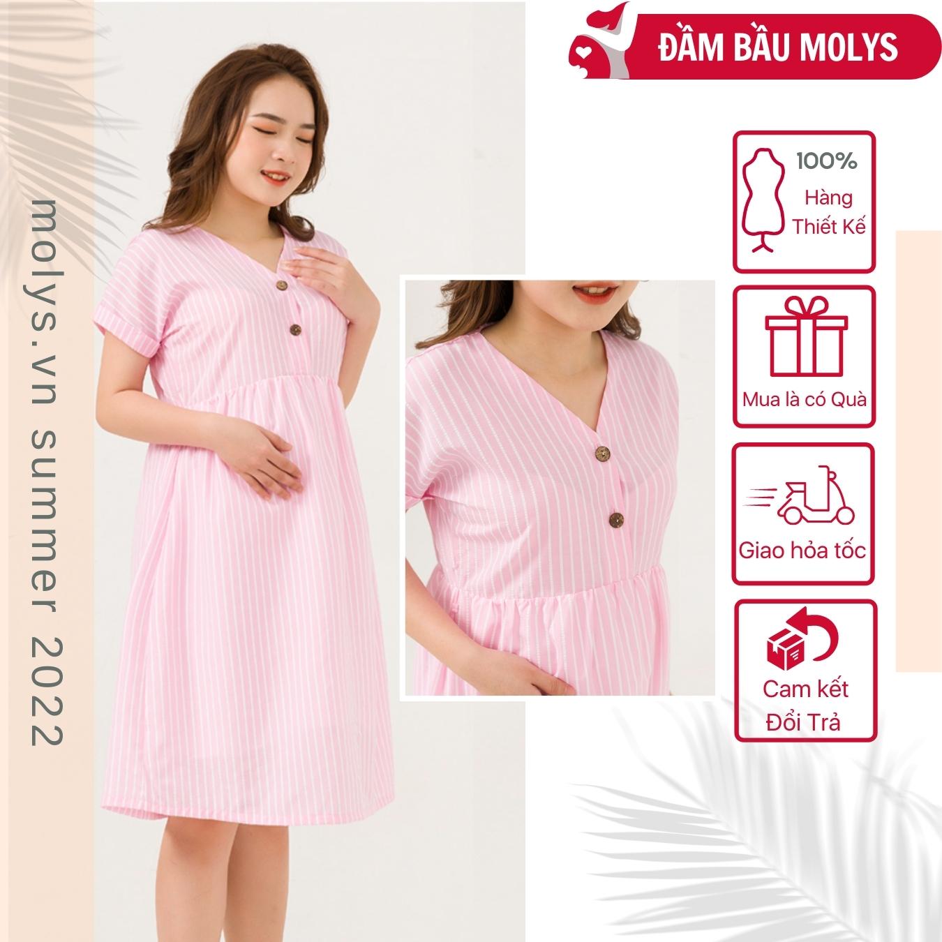 Đầm bầu thiết kế dáng baybydoll MOLYS M2454 mở cúc giữa vải thô đũi hồng phấn kẻ trắng tôn da, đủ size mặc đến hết thai kỳ (45kg-80kg)