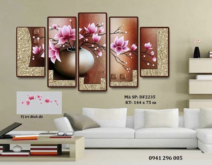 Tranh đính đá 5D bình hoa sen 5 bức - KT 144x75cm (chưa đính đá)