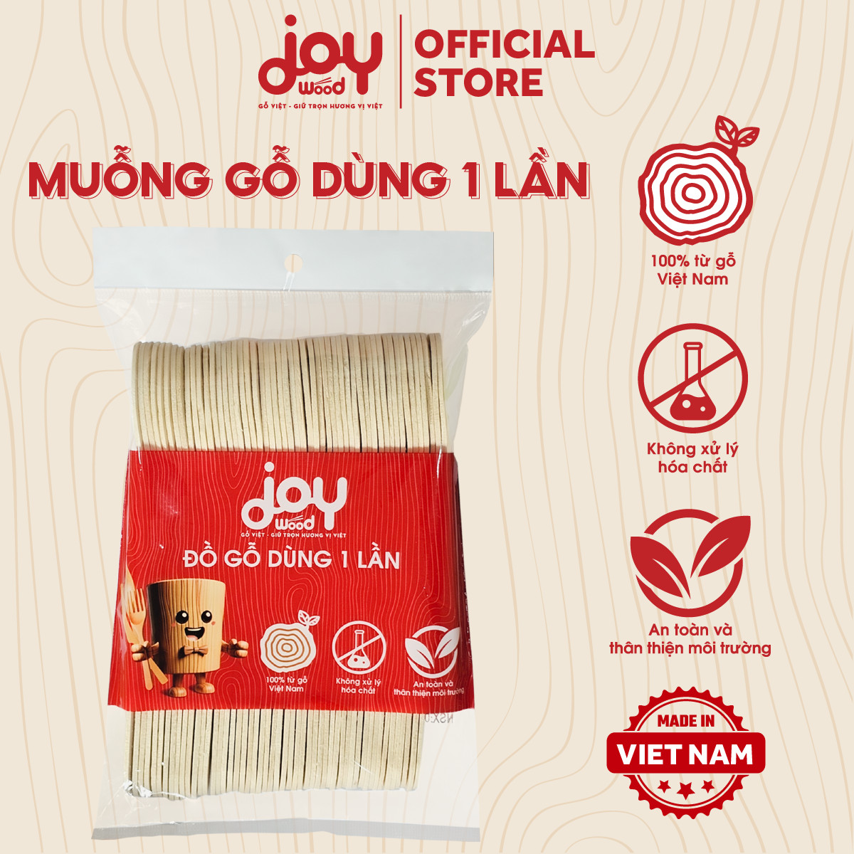 50 thìa gỗ, muỗng gỗ JOY WOOD cao cấp 16cm dùng 1 lần dùng ăn kem, bánh kem, cafe, salad chuẩn xuất khẩu Châu Âu