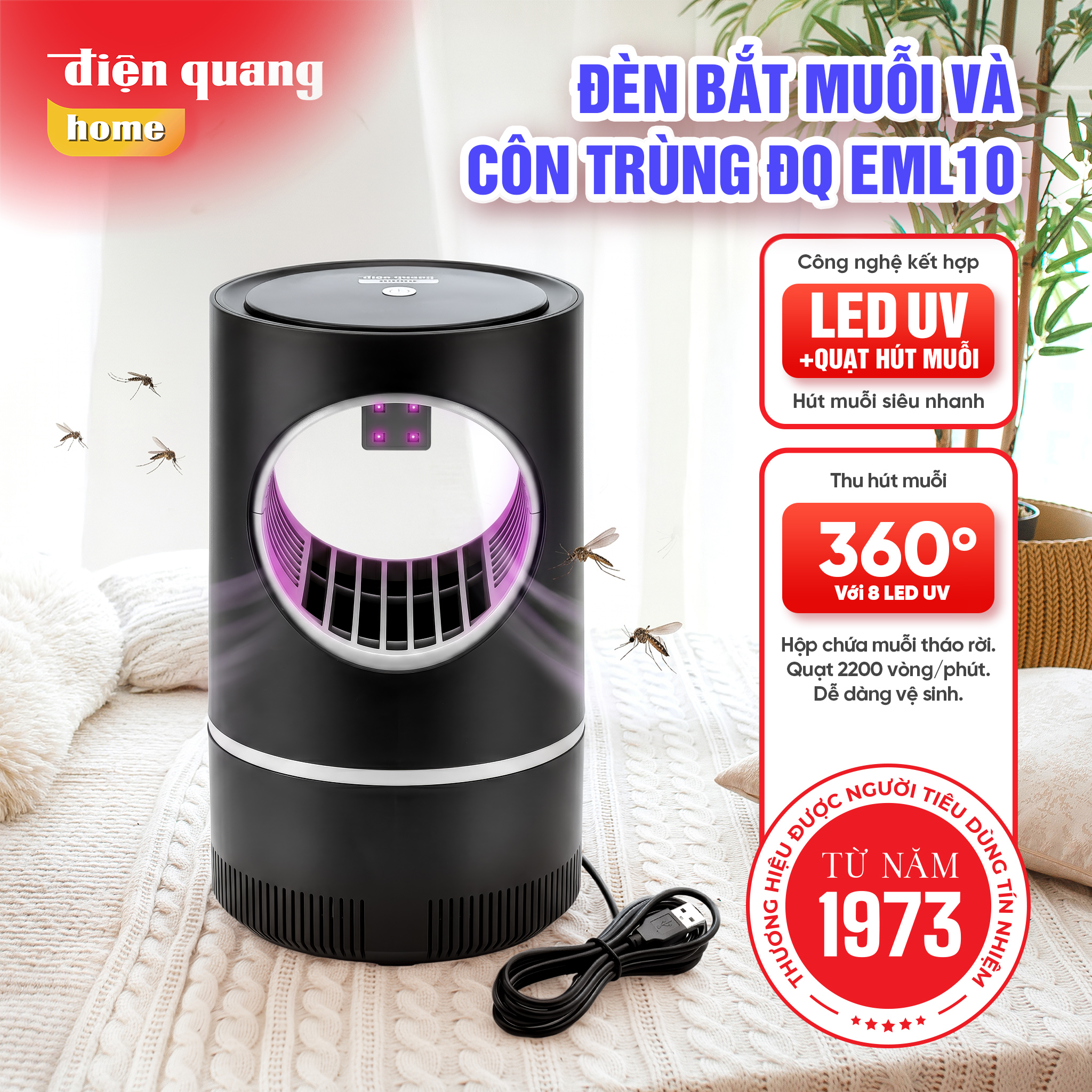 Đèn bắt muỗi và côn trùng điện quang eml10 bằng công nghệ đèn uv và quạt hút, không gây tiếng ồn, bảo hành 12 tháng