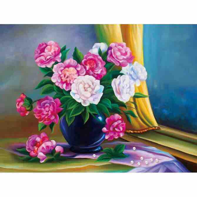 Tranh đính đá bình hoa bên cửa sổ lv289
