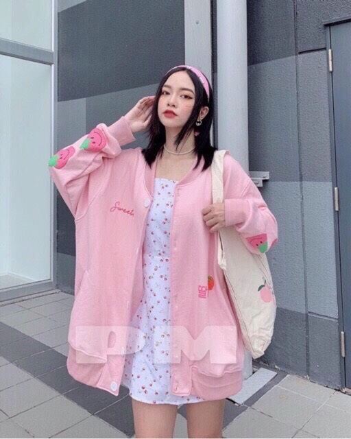 Áo khoác cardigan nữ form rộng chất vài thun nỉ ngoại in hình quả dâu tây dễ thương tp620
