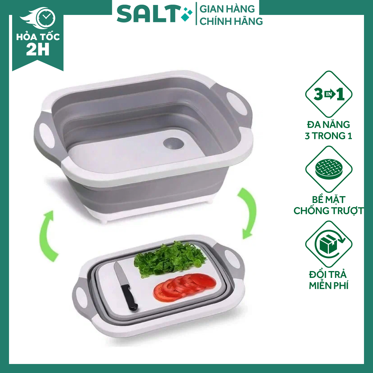 Chậu gấp gọn kiêm thớt và rổ đựng đa năng loại LỚN 3in1 Đa Năng Tiện Dụng