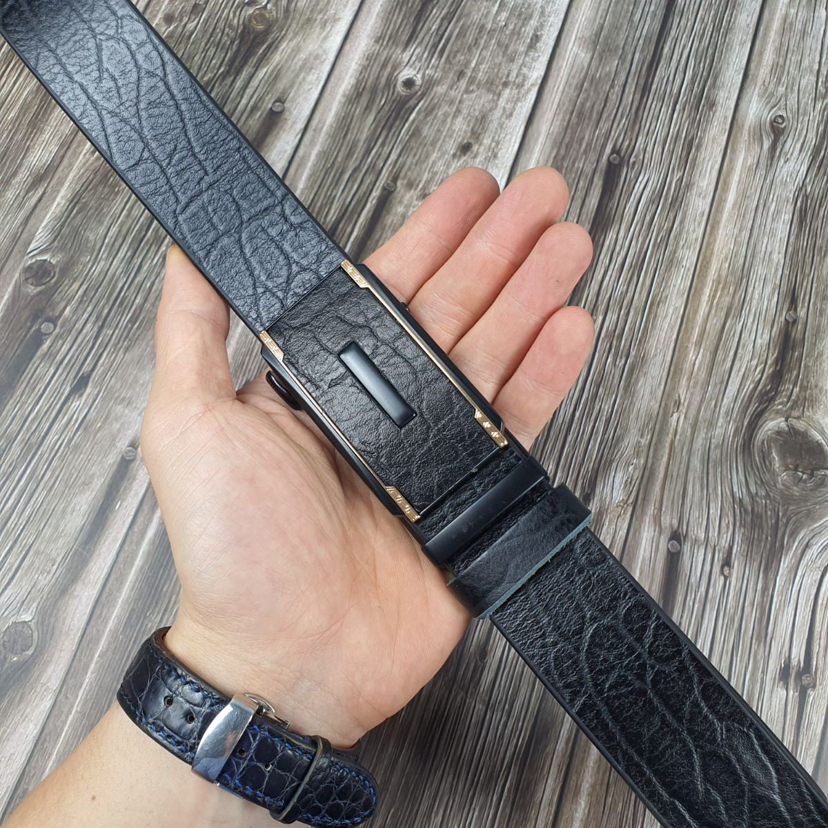 Thắt lưng da bò thật vân da voi khóa tự động BL121LEA (Bản 34mm) (Đen) - Da bò thật 100%, BH 3 năm