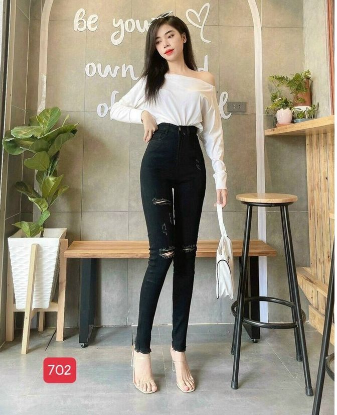 Quần jean nữ lưng cao rách màu đen - chất jean denim co dãn thời trang - pv88 fashion 702