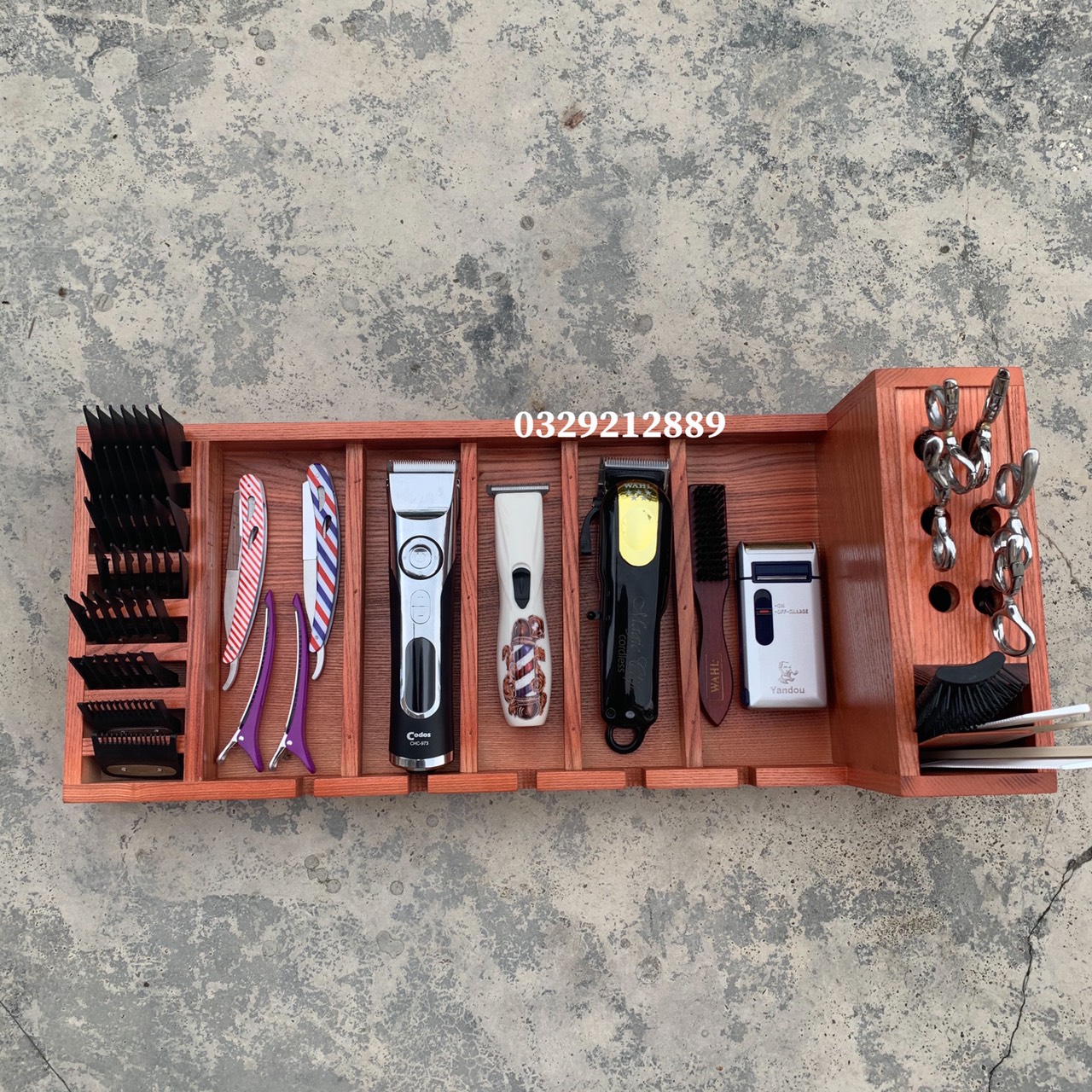 khay gỗ đựng tông đơ và đồ nghề làm tóc-hình chữ L- tông đơ cắt tóc- dụng cụ làm tóc ptc