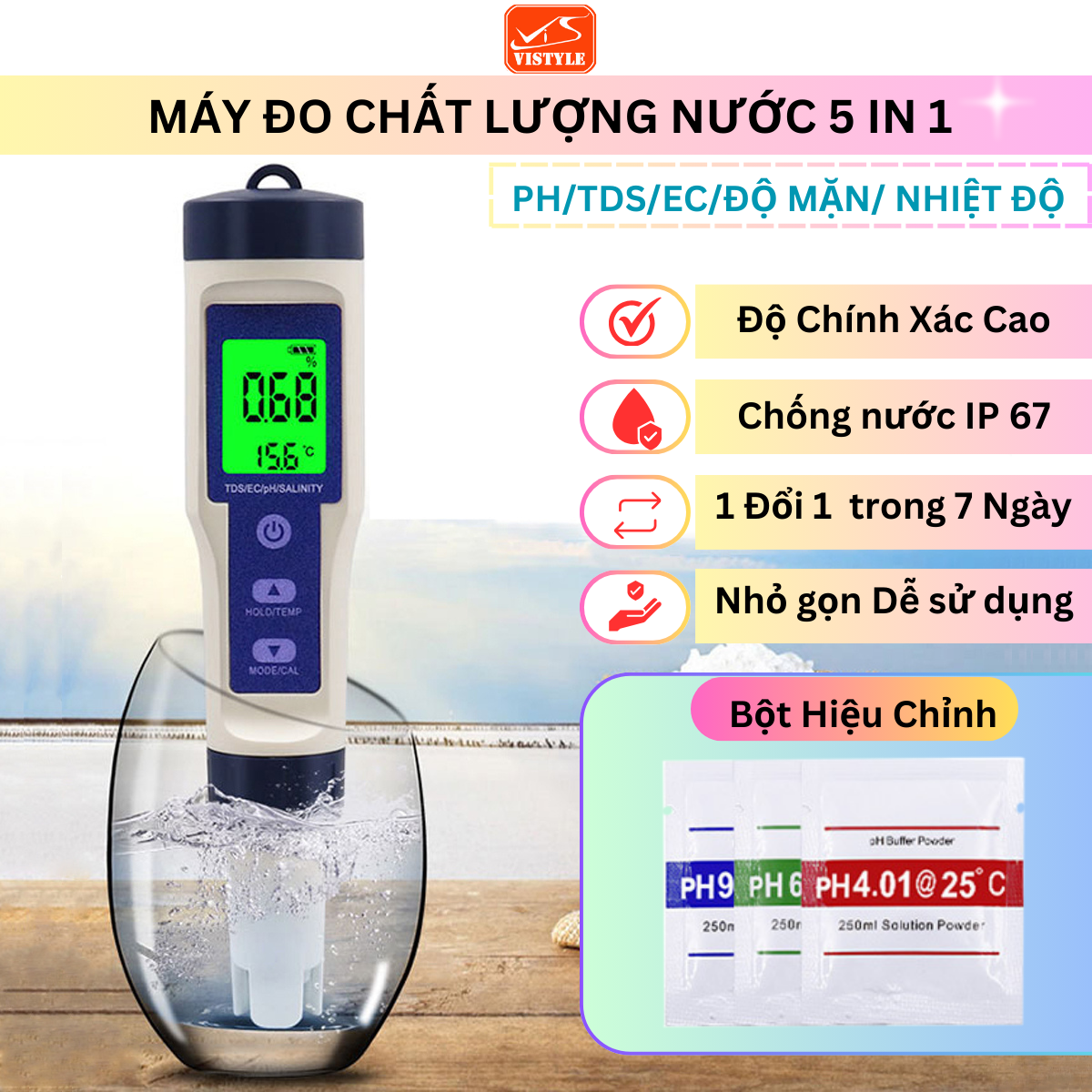 Máy đo chất lượng nước 5 trong 1, bút thử nước, bút đo TDS, EC, PH, Độ mặn, Nhiệt độ Độ chính xác cao, nhỏ gọn Dễ sử dụng - Vistyle shop