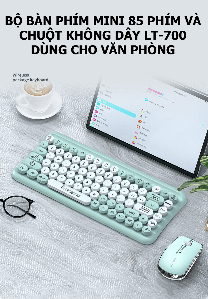 Bộ bàn phím mini 85 phím nút tròn và chuột không dây LANGTU LT700 dùng cho văn phòng