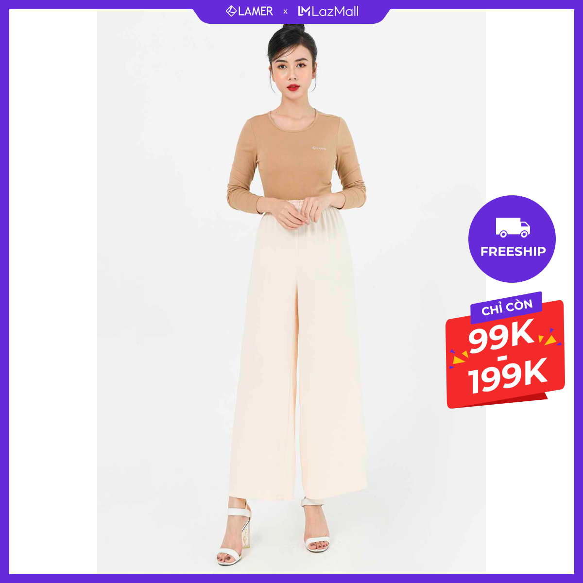 Quần nữ lamer ống rộng cạp chun bèo l64w21q001