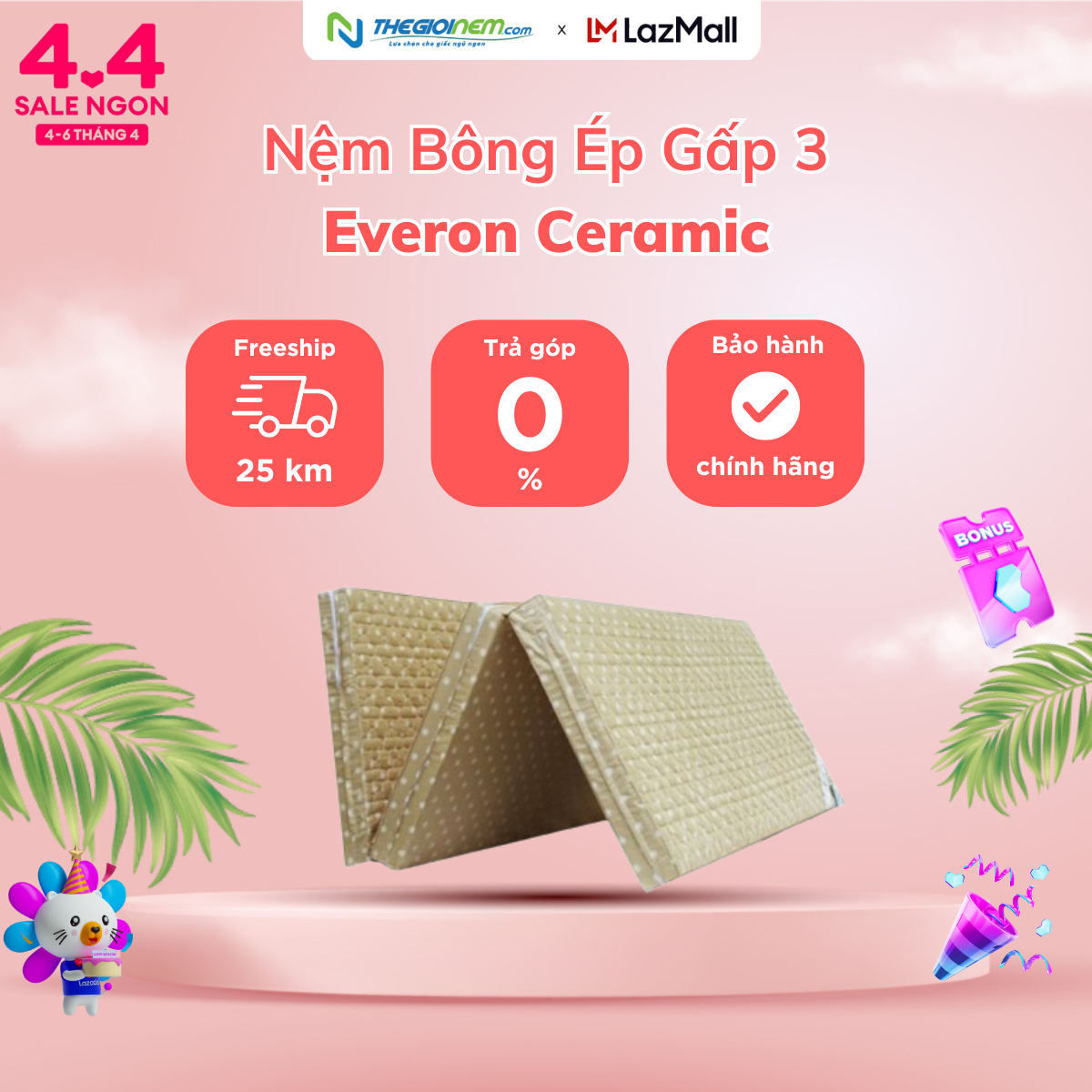 [Trả góp 0%] Nệm bông ép gấp 3 Everon Ceramic 180x200x9cm.-Bảo hành 5 năm.