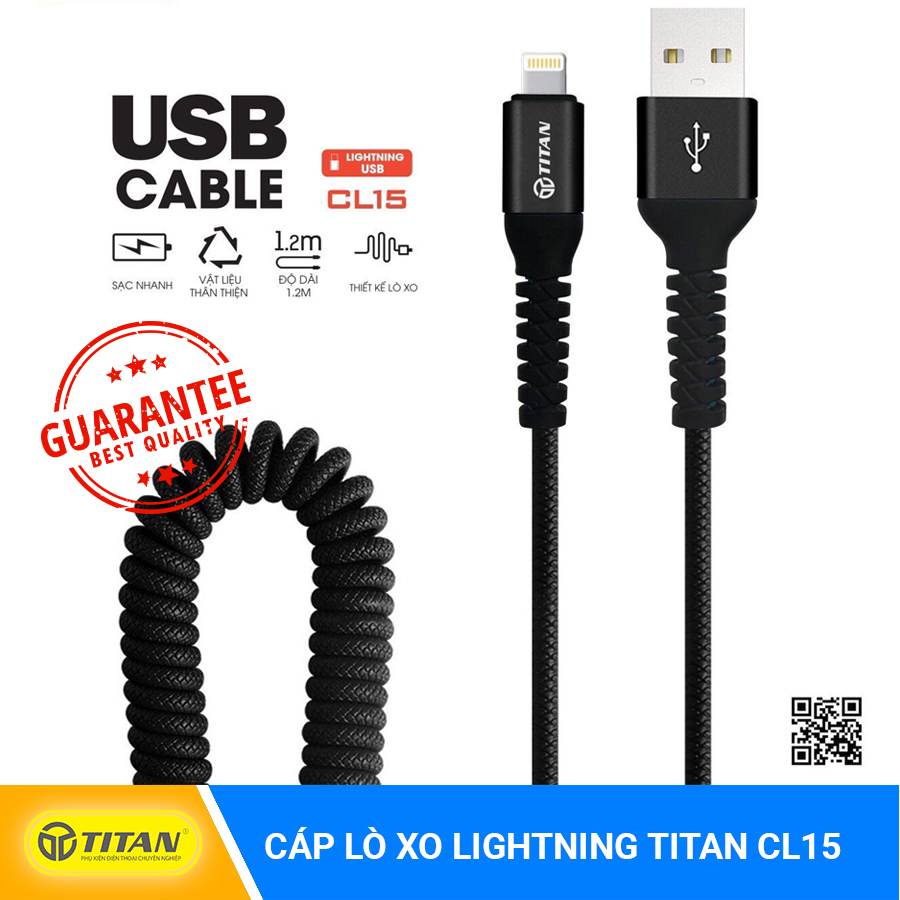 Cáp Lò Xo Lightning TITAN CL15 cho iphone/ipad cáp bọc kim loại , chống gẫy chânchuôi bọc cao su chống đứt chuôi cáp hỗ trợ sạc nhanh
