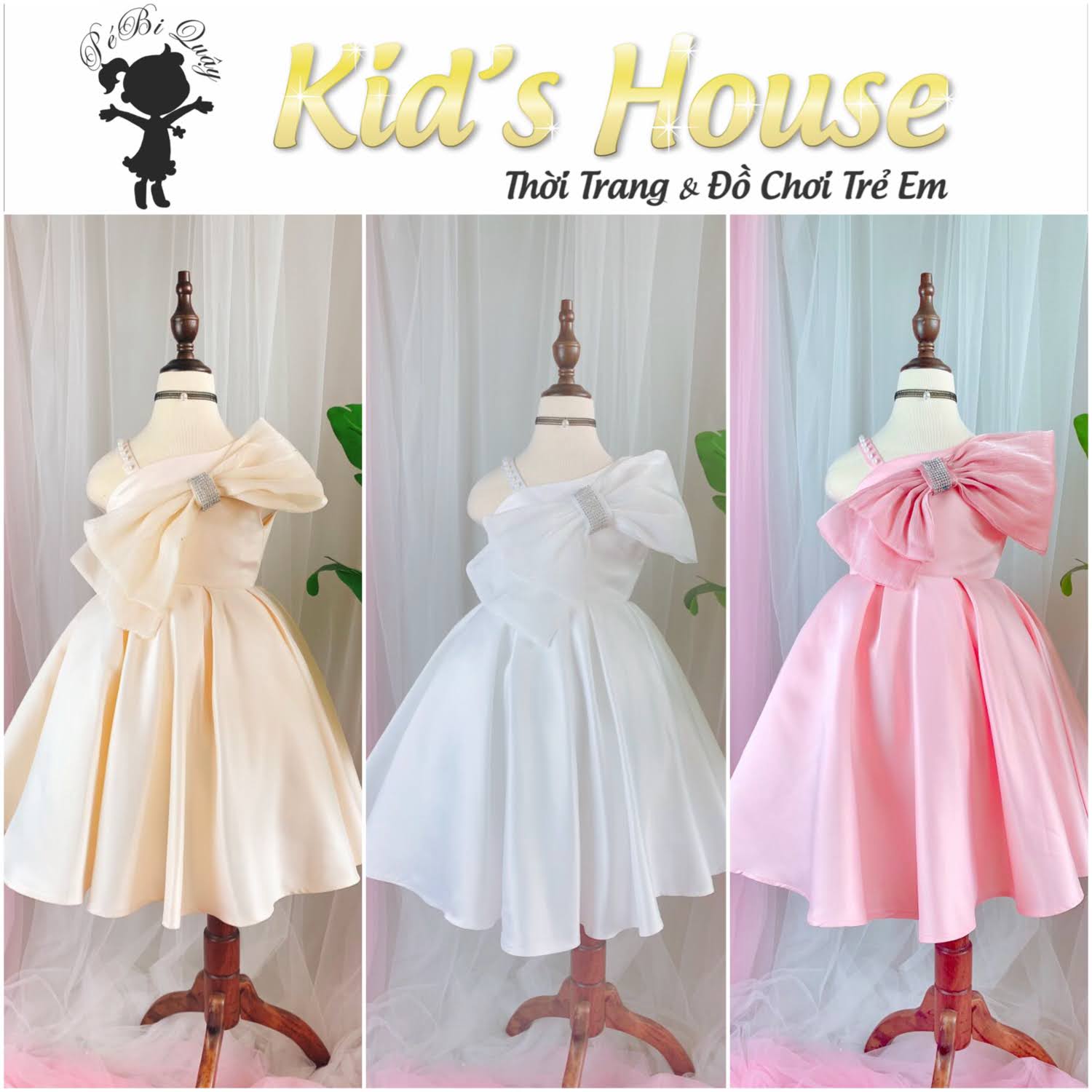ĐẦM CÔNG CHÚA SATIN LỆCH VAI NƠ XÉO SANG TRỌNG CAO CẤP CHO BÉ GÁI