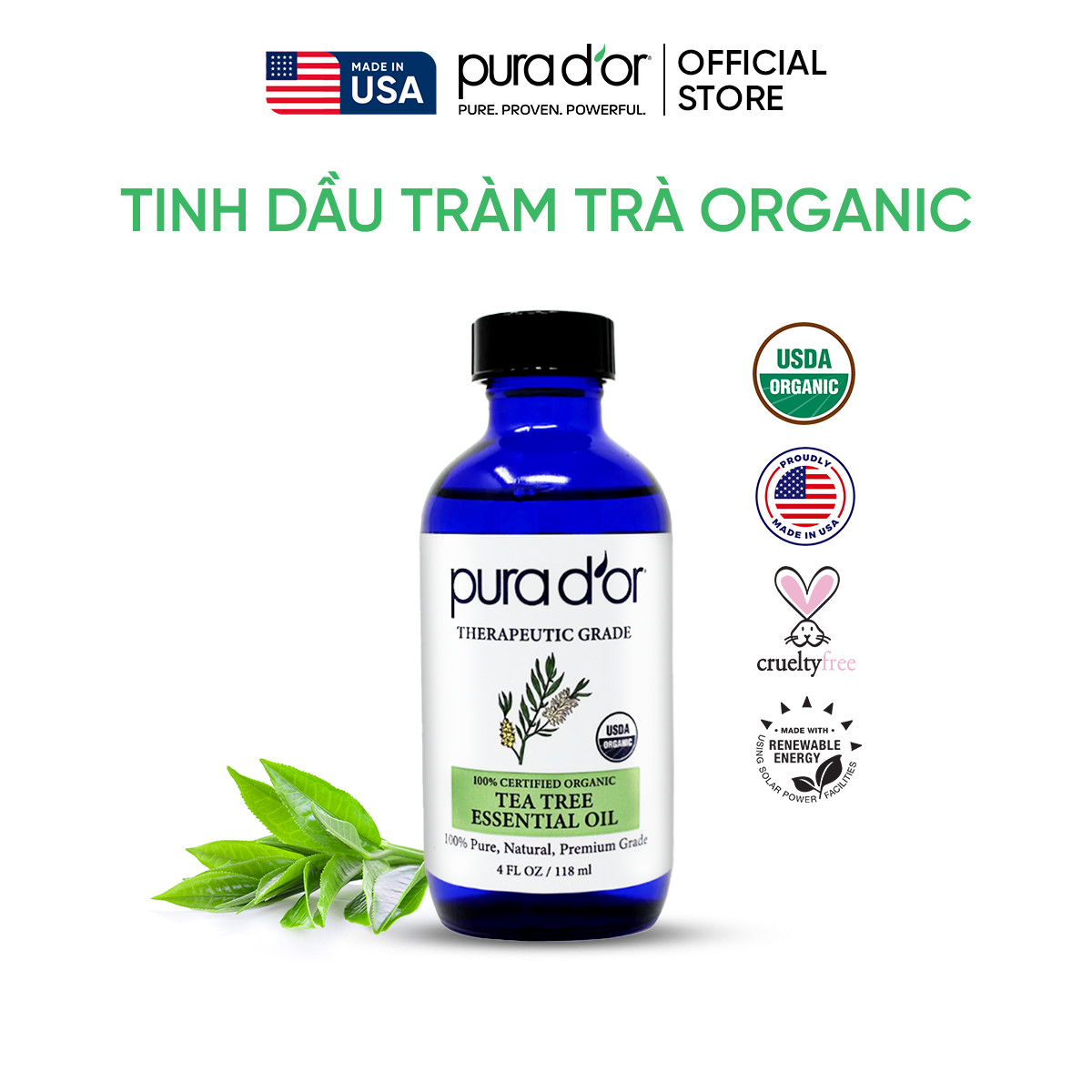 Tinh dầu tràm trà hữu cơ nguyên chất pura dor therapeutic grade tea tree essential oil 118ml