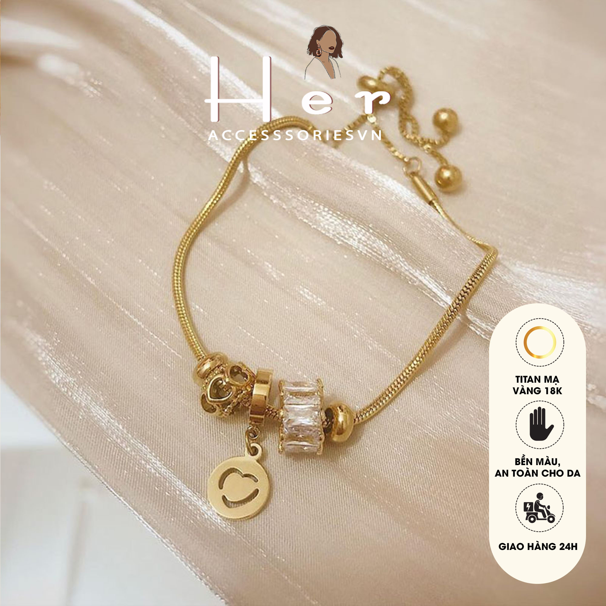 Vòng charm may mắn, Lắc tay titan không đen gỉ, vòng tay họa tiết may mắn, lắc tay Her Jewelry TT17