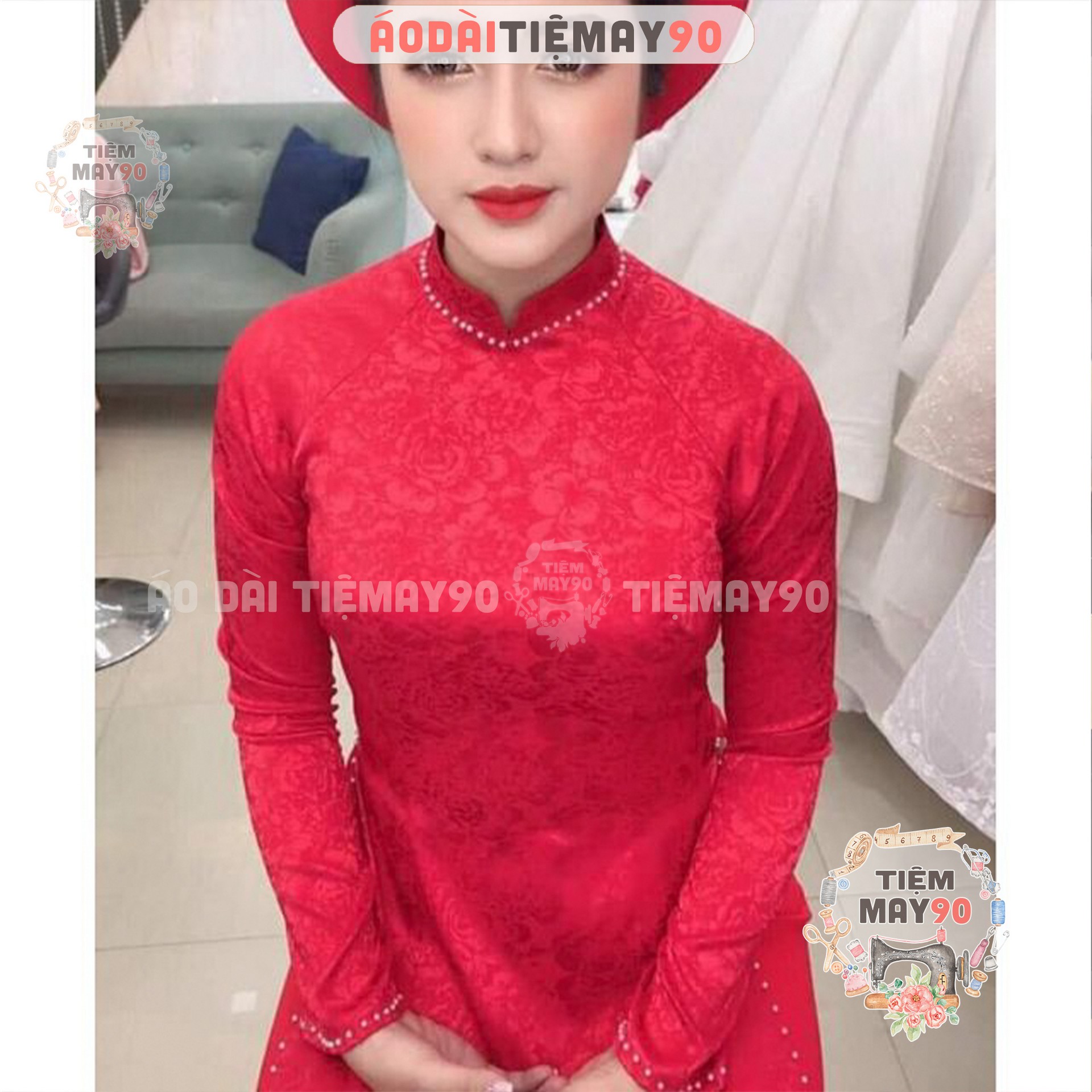 Áo dài cưới cô dâu học sinh nữ đi học may sẵn áo dài gấm hoa đỏ trắng cổ cao đính ngọc dự tiệc cưới lễ tết đẹp AD90158