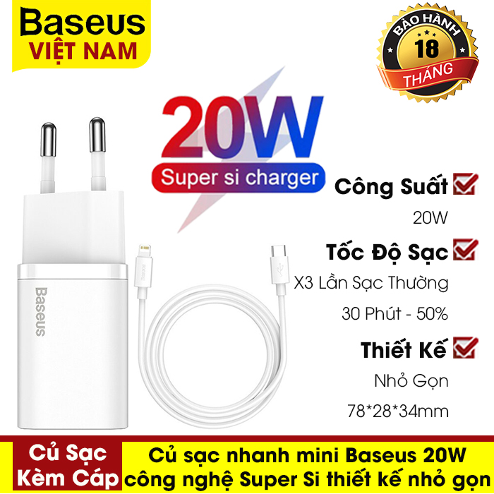 [BẢO HÀNH 12 THÁNG] Củ sạc nhanh mini Basues 20W - kèm cáp, giao diện cổng Type-C,công nghệ Super Si hỗ trợ sạc nhanh QC3.0, PD3.0