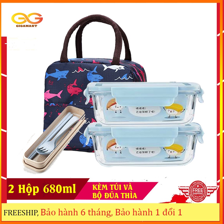 [TẶNG TÚI GIỮ NHIỆT] Bộ 2 hộp cơm thủy tinh chữ nhật 680ml, tặng kèm túi và bộ thùa đũa inox, Hộp cơm văn phòng có túi đựng và bộ đũa, Hộp cơm thủy tinh dùng trong lò vi sóng