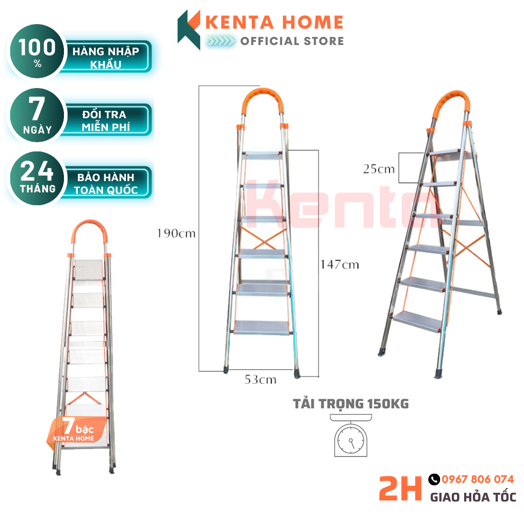 Thang nhôm ghế tay vịn 7 Bậc (Cao 172cm), Thang ghế gấp gọn siêu nhẹ chịu được tải trọng 150kg khung inox 304 cực kỳ chắc chắn an toàn phù hợp cho mọi người sử dụng