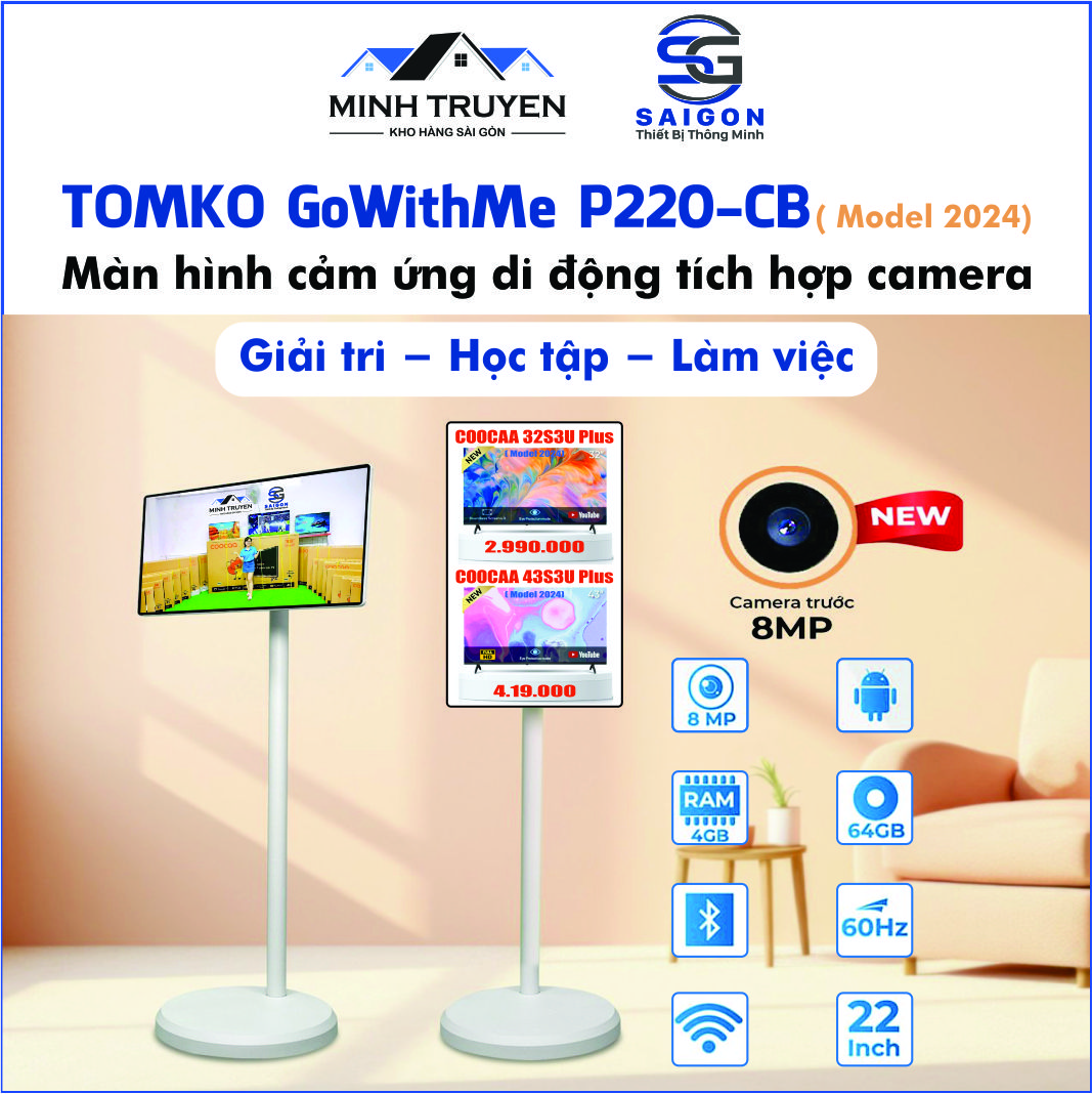 Màn hình cảm ứng di động thông minh tích hợp camera - Tomko GoWithMe P220-CB ( Model mới 2024)