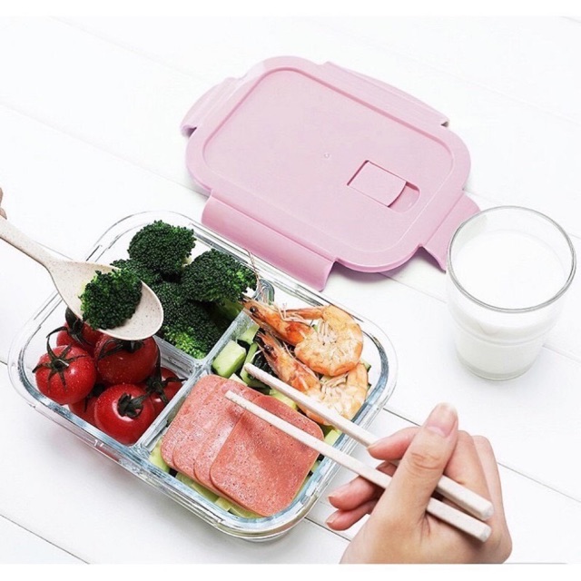 Hộp đựng cơm 3 ngăn thủy tinh - Hộp thủy tinh 3 ngăn hình chữ nhật 1 lít