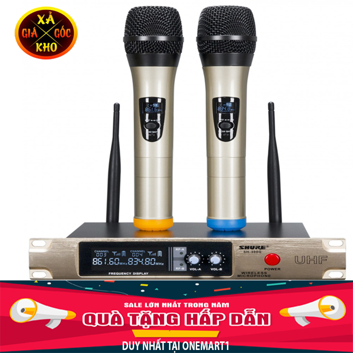 [ XẢ KHO 3 NGÀY ] MICRO KHÔNG DÂY SHURE SH-300G NHÔM SÓNG UHF NHẠY  MẠNH  Bộ 2 Micro UHF + Đầu Thu Không Dây Vàng SHURE SH-300G Chống Nhiễu Chuyên Nghiệp Đường Truyền Ổn Định Âm Thanh Sống Động,Âm Thanh Chân Thực Chông Rè, Chống Hú (Tặng Kèm 2 Míc )