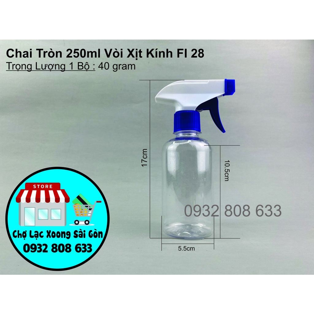 Chai nhựa tròn 250ml vòi xịt kính fi 28