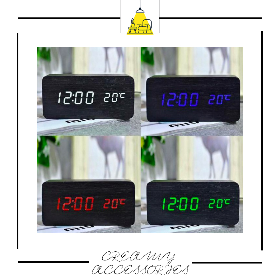 Đồng hồ để bàn gỗ đèn led hình chữ nhật - báo thức, có nhiệt kế