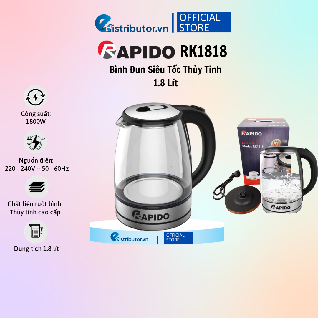 Ấm siêu tốc thủy tinh rapido rk1818 dung tích 1,8l - hàng chính hãng - bảo hành 6 tháng
