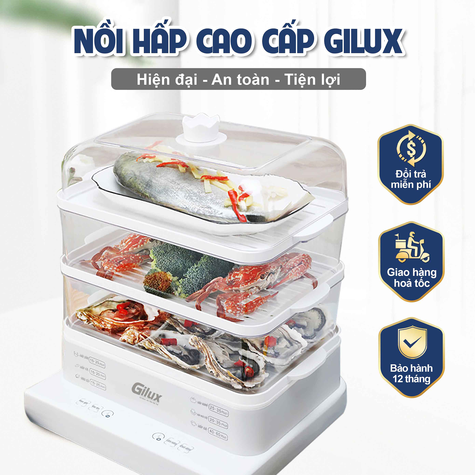 Nồi hấp Gilux 24L đa năng chính hãng, nồi hấp điện 3 tầng tiện lợi bảo hành 12 tháng