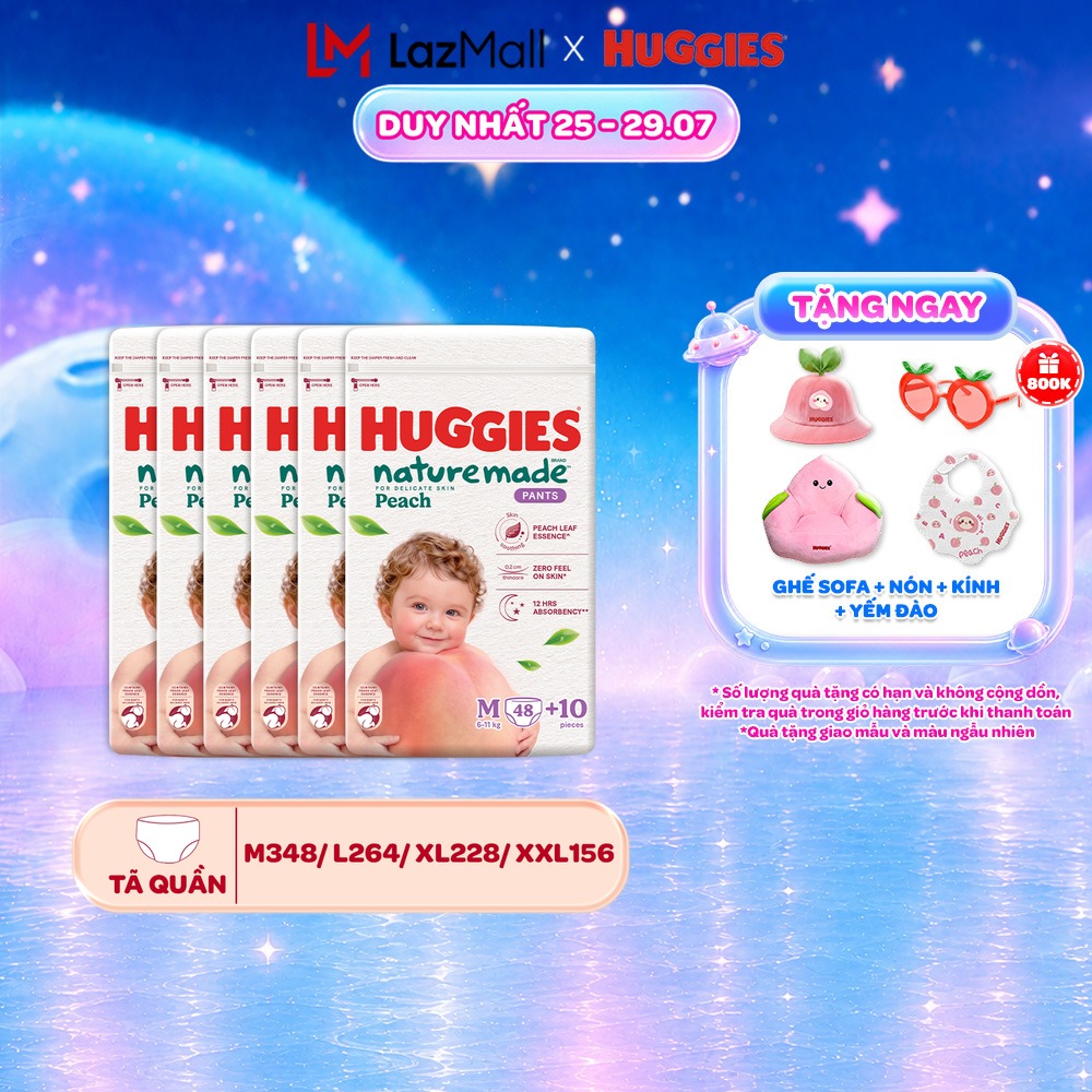 [Mới Ra Mắt] Combo 6 Tã quần Huggies Naturemade Peach M48+10/L44/XL38/XXL26