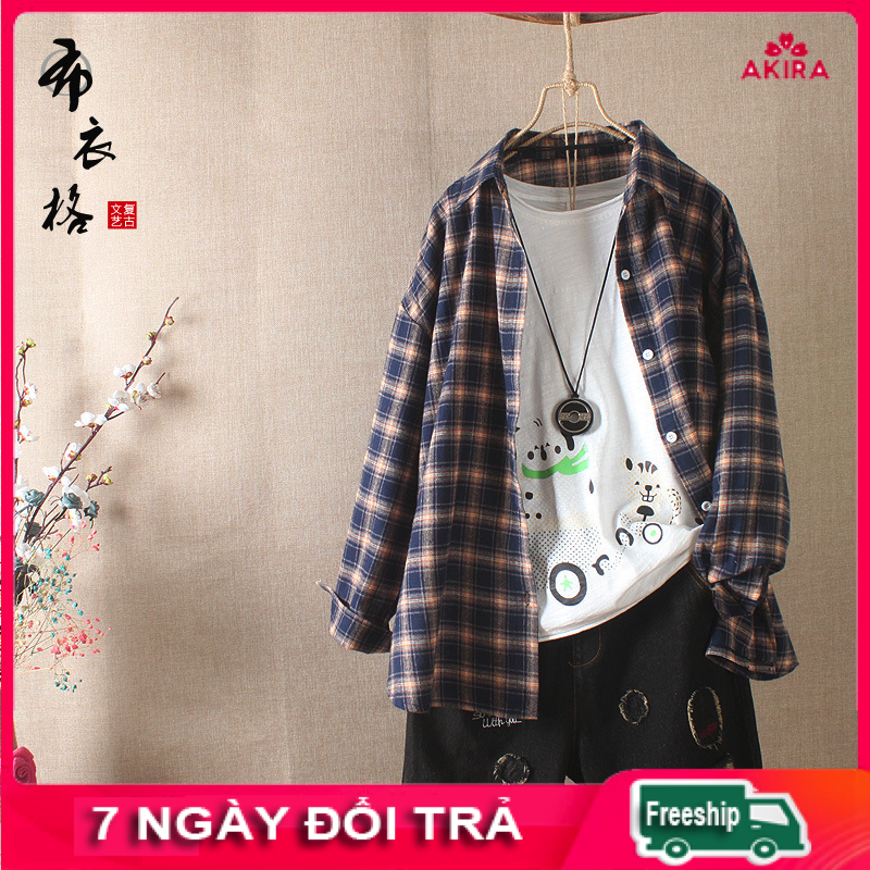 Áo khoác nữ sơ mi kẻ caro nữ form rộng dáng dài freesize vintage thời trang phong cách Nhật Bản Akira Store