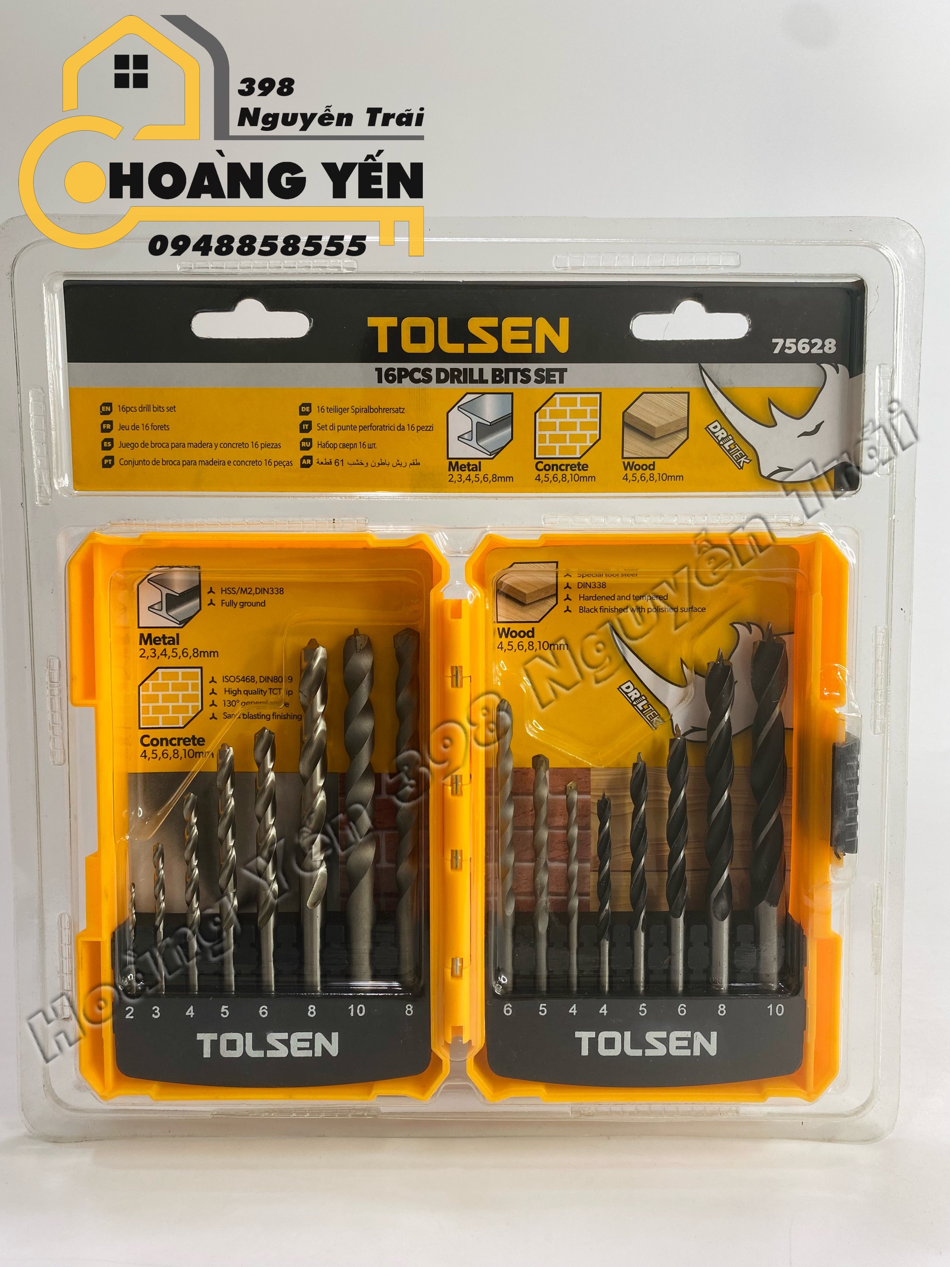 Bộ 16 mũi khoan gỗ, tường, sắt tolsen 75628