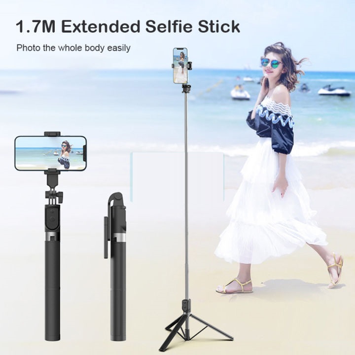 Tripod điện thoại, cây chụp hình Selfie stick 1m7 xoay 360 tích hợp remote bluetooth, chân quay video, Gậy live stream chống rung xếp gọn