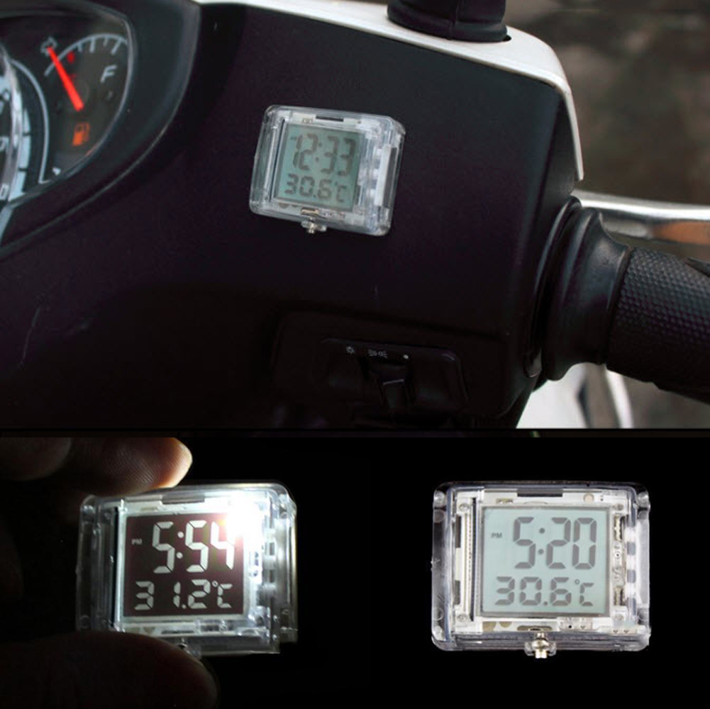 đồng hồ  thời gian và đo nhiệt độ lắp xe máy, có đèn sáng ban đêm, phụ kiện đồ chơi tiện ích cho xe máy