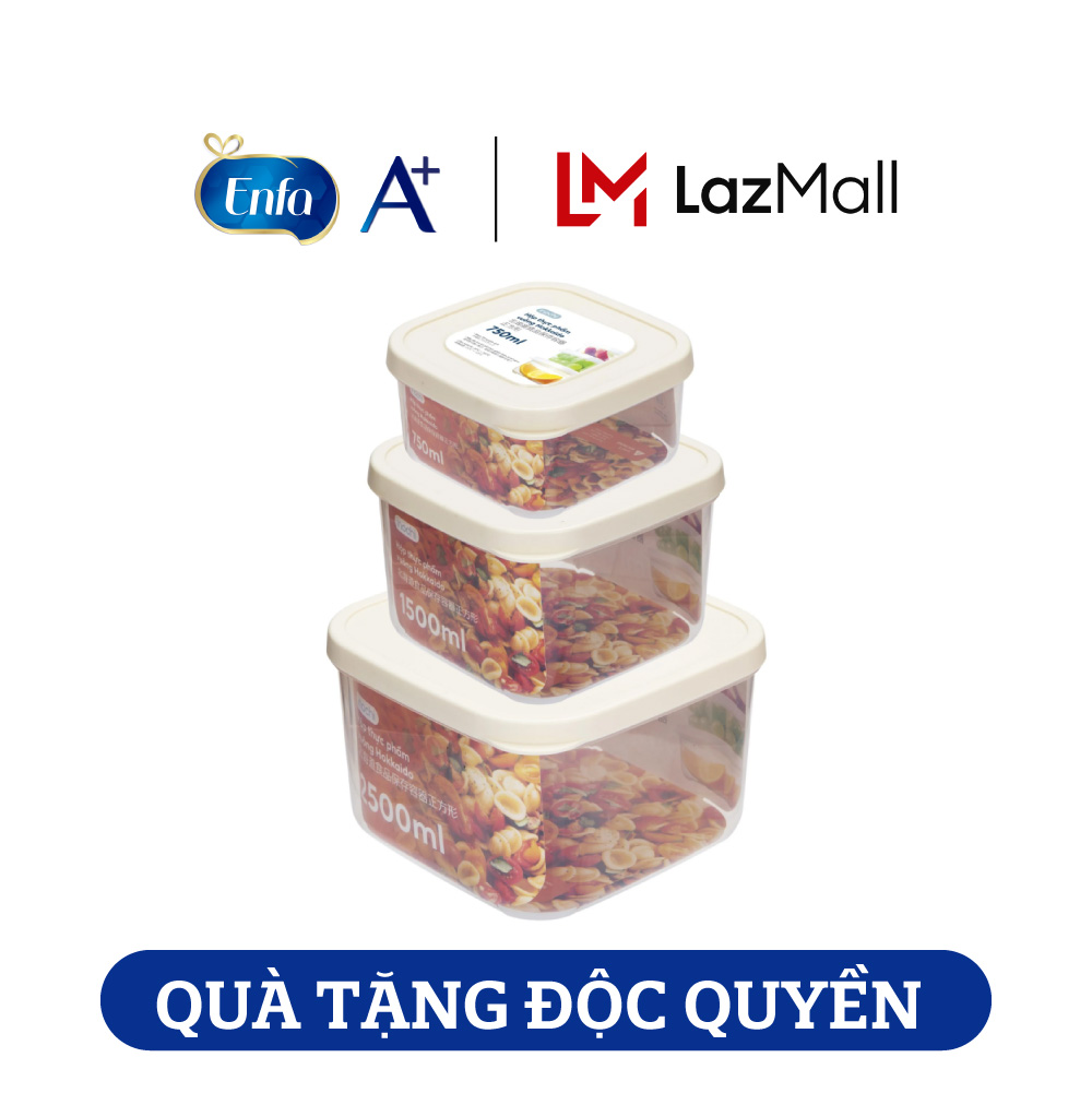 [Quà tặng Enfa] Bộ 3 hộp thực phẩm vuông Hokkaido 750-1500-2500ml (giao màu ngẫu nhiên)