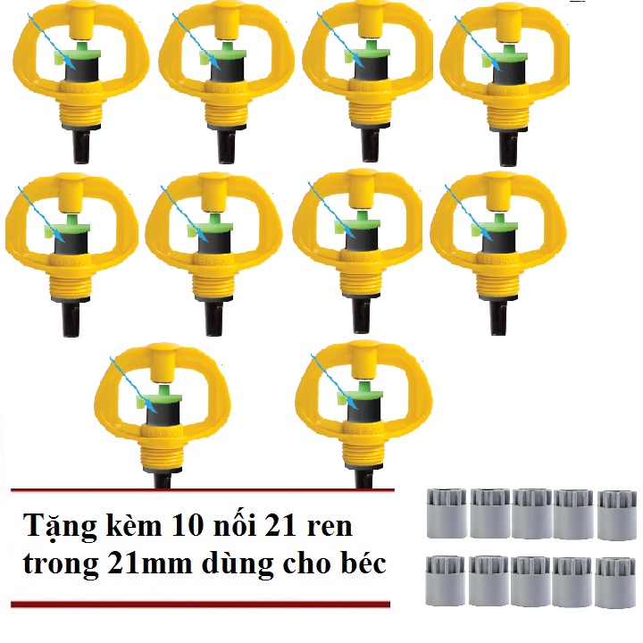 [HCM]Bộ 10 béc tưới cây phun mưa bán kính ngắn chuyên dùng tưới rau màu hoa quả cây ươm cỏ trồng... ren ngoài 17mm và đuôi 6ly tặng kèm 10 nối PVC 21 răng trong 17.