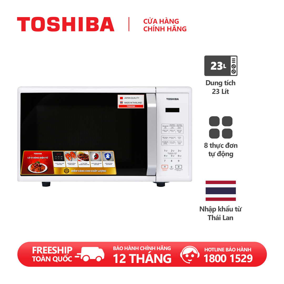 Lò vi sóng Toshiba ER-SS23(W1)VN - Dung tích 23L - Công suất 800W - Xuất xứ Thái Lan, 11 Mức công suất, 8 thực đơn tự động, Chức năng rã đông nhanh và thuận tiện, Bảng điều khiển Tiếng Việt - Hàng chính hãng, bảo hành 12 tháng, chất lượng Nhật Bản