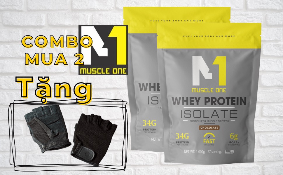 Sữa tăng cơ giảm mỡ, whey protein isolate MUSCLE ONE 2kg (combo 2 túi tặng bao tay tập gym)