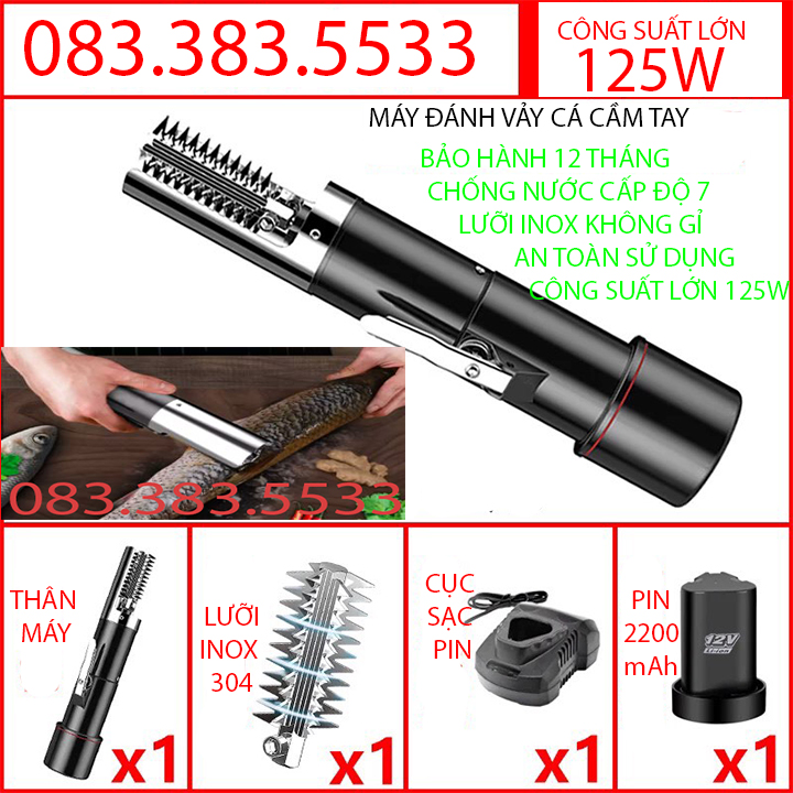 Máy Đánh Vảy Cá Cầm Tay VDC03 dùng pin 2200mAh hoặc cắm điện 220V,  ắc quy 12V