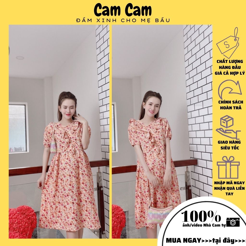 Đầm bầu công sở FREESHIP Váy bầu xinh DB1006 họa tiết hoa đỏ dễ thương, tay phồng, nhấn bèo ngực cực xinh