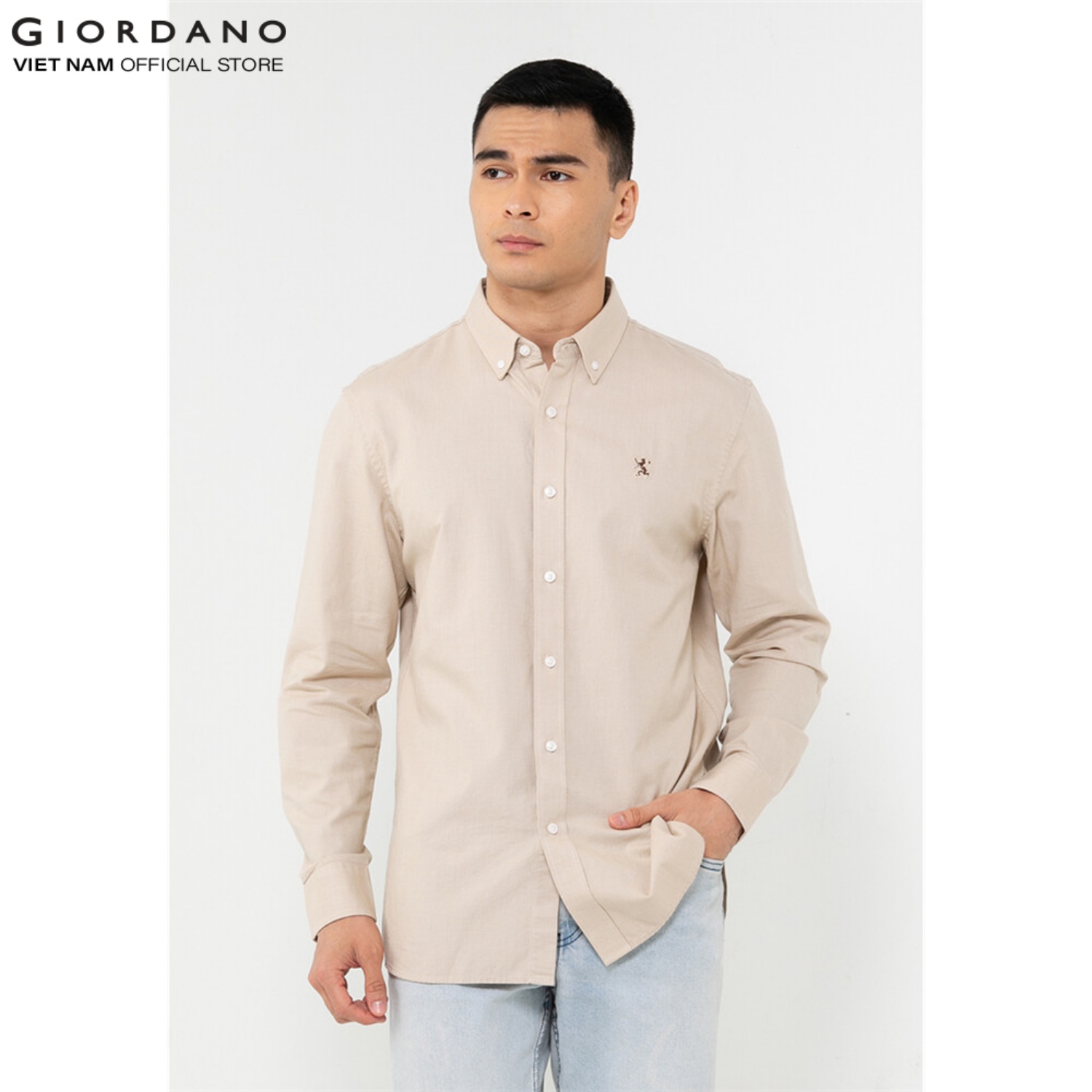 Áo Sơ Mi Nam Thêu Logo Sư Tử Cotton Oxford Lion Shirt Giordano 01044083
