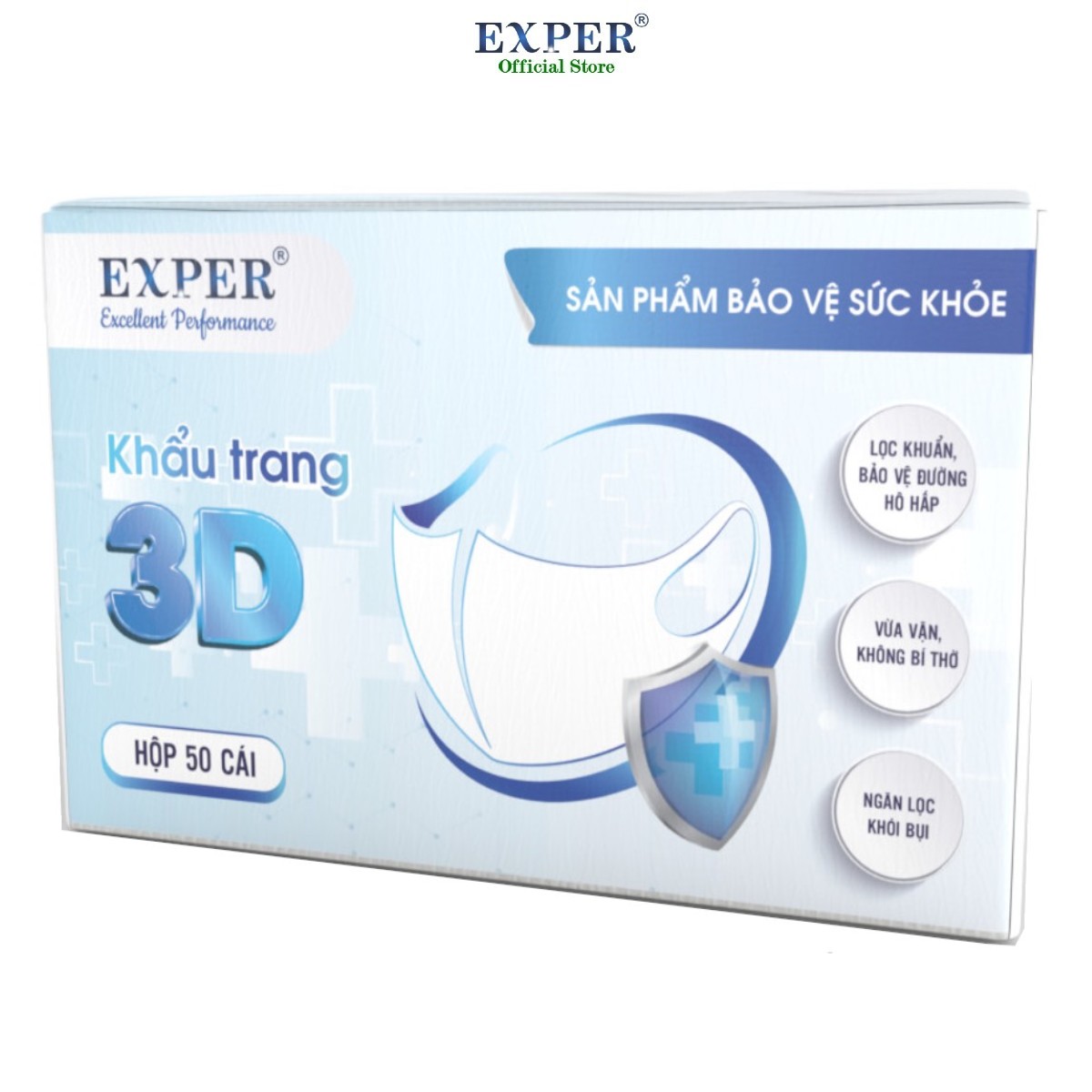 Khẩu trang y tế EXPER 3D công nghệ Nhật - hộp 50 cái màu trắng. Khẩu trang y tế 3D cao cấp không đau tai