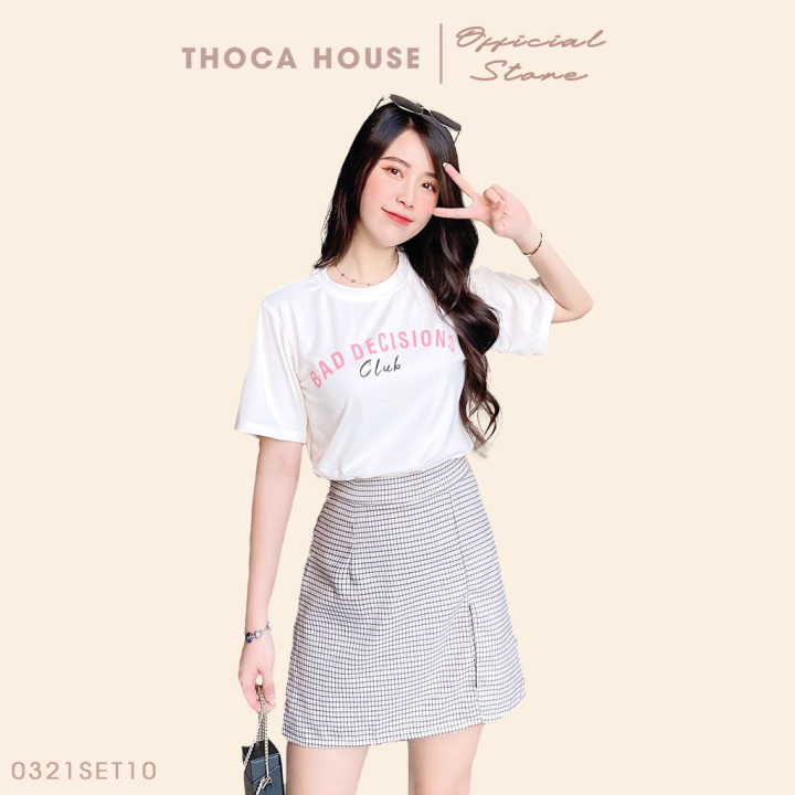 Set phối sẵn - Áo thun trắng tay ngắn Club phối chân váy xẻ caro THOCA HOUSE nhẹ nhàng, nữ tính, phù hợp mọi hoàn cảnh