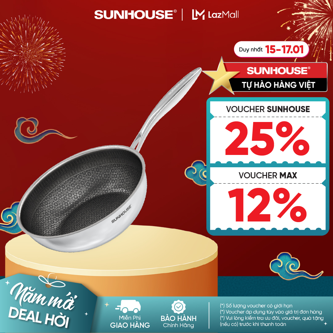 Chảo Xào Chống Dính Sunhouse Healthy Công Nghệ Hybrid Inox Liền Khối Size 26cm, Dùng Được Bếp Từ - IN26-28M8