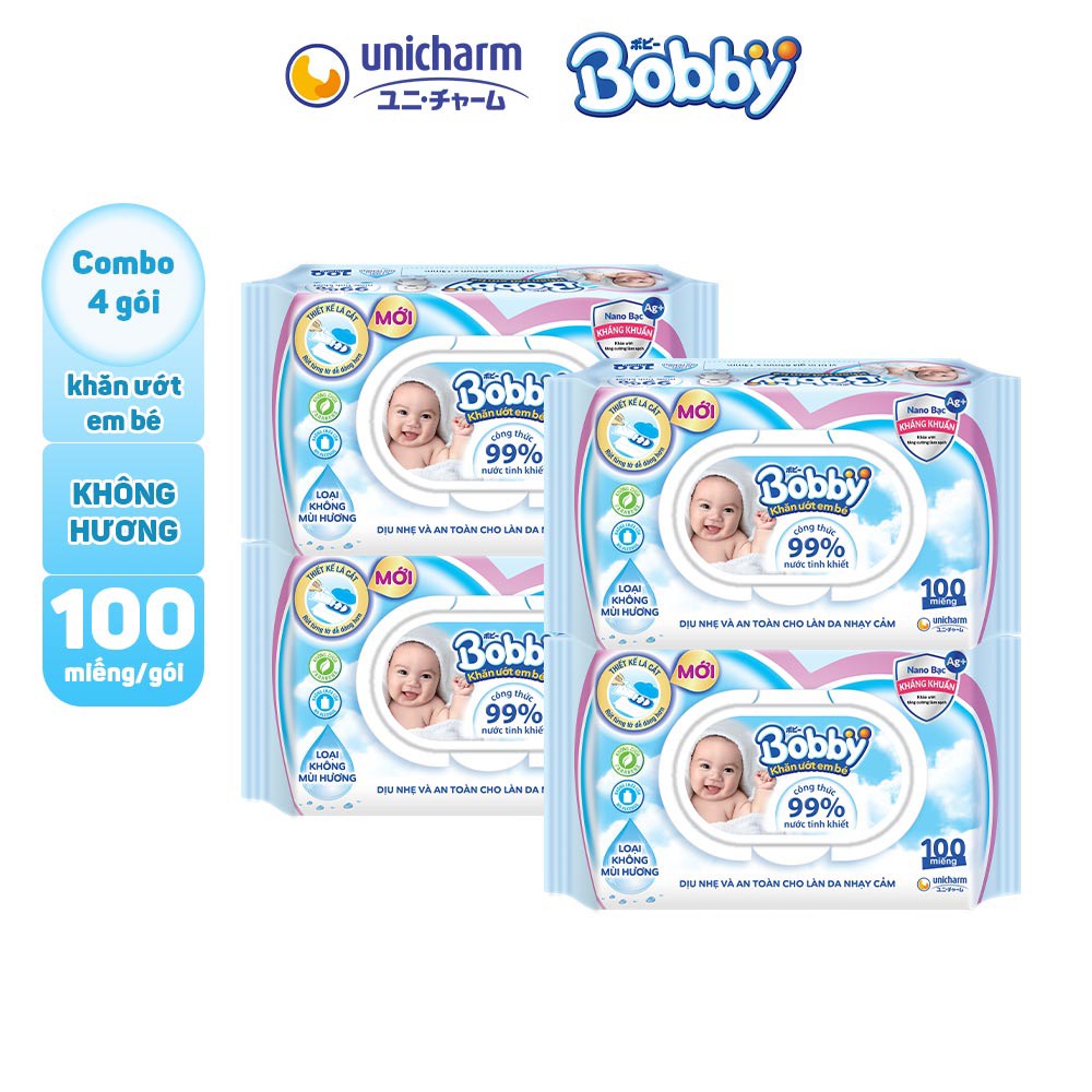 Bộ 4 gói khăn ướt bobby care 100 tờ/gói