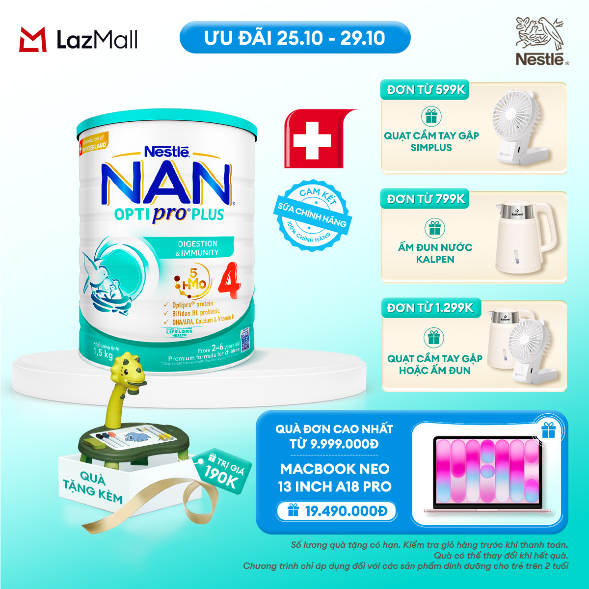 [CHỈ 25-29.10 QT ĐƠN 599K/799K/1299K] [Tặng Đồ chơi kèm đèn chiếu hoạt hình] Sữa bột Nestlé NAN OPTIPRO PLUS 4 1500g/lon với 5HMO Giúp tiêu hóa tốt