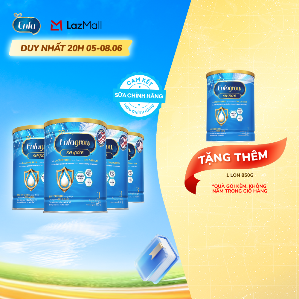 [TỪ 09-10/06][MUA LÀ CÓ QUÀ Tặng 1 lon 850g] Bộ 4 lon sữa bột Enfagrow Enspire 3 850g hỗ trợ đề kháng với Lactoferrin dành cho trẻ từ 2-6 tuổi