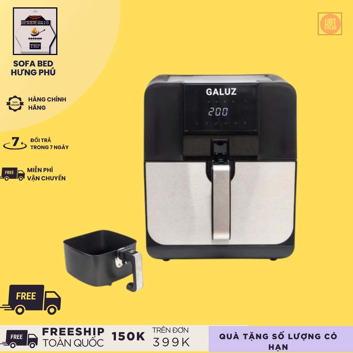 Nồi chiên, Nồi chiên không dầu Galuz model G-68 điện tử dung tích 5.5L - Hàng chính hãng