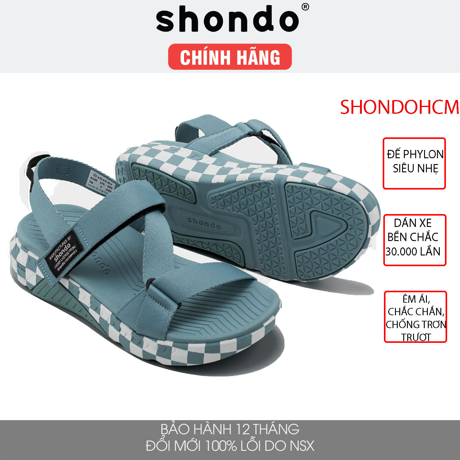 Giày sandal Shondo F7 nam nữ đế cao caro xanh F7C3232